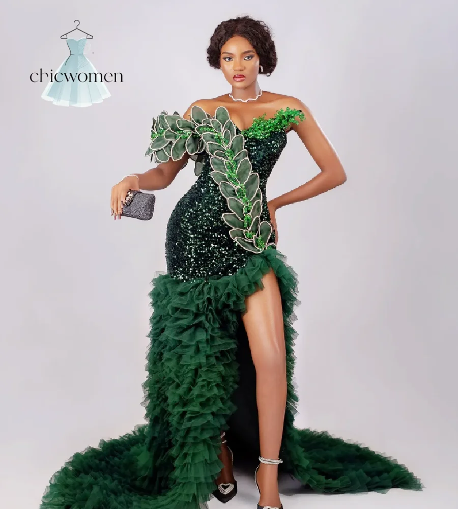 Emerald Green Mermaid Evening Dress Asymmetrical 3D Leaf Applique Beaded Sequined High Slit Prom Gowns Aso Ebi African Party