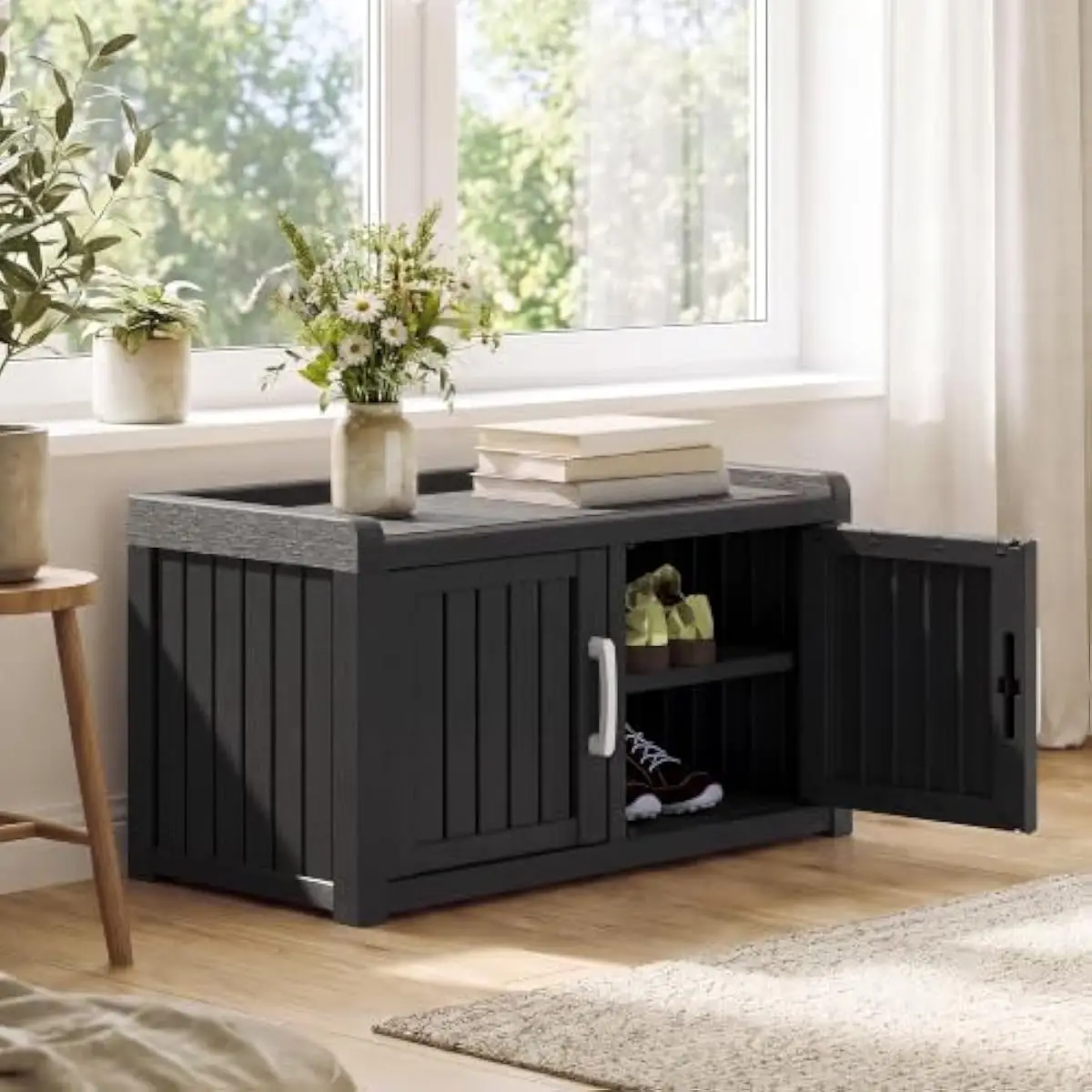 2 Tier Storage Bench with 2 Doors and Adjustable Shelves, Waterproof UV Resistant Outdoor Shoe Cabinet for Entryway Hallway