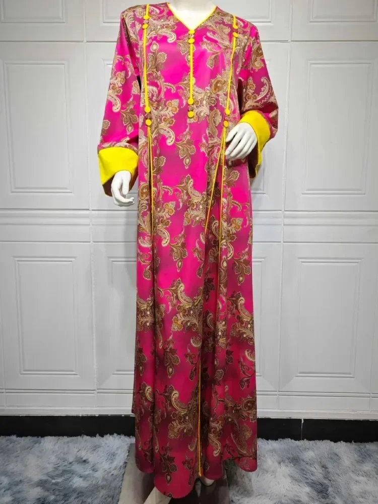 Plus Size Muslim Dresses for Women 2025 Ramadan Muslim Luxury Woman Evening Dress Dubai Kaftan V-Neck Floral Print Abaya