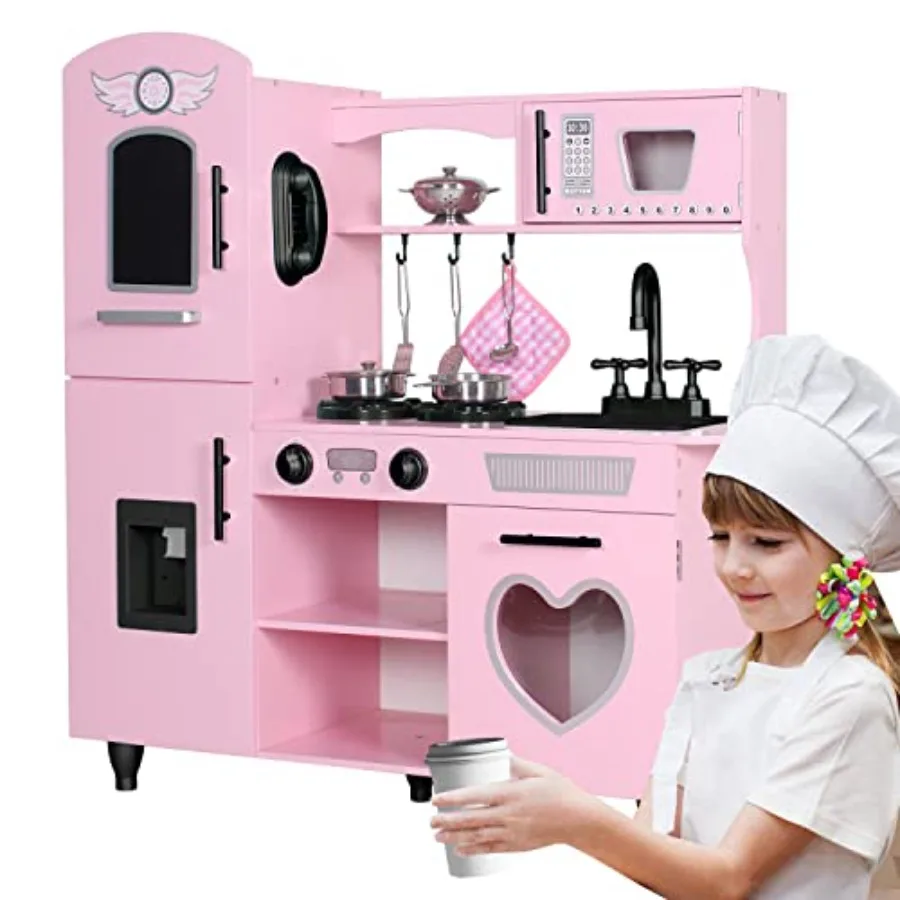 

Play Kitchen for Ages 3+, Pink Wooden Toy Kitchen Set with Lights Sounds, Ideal for Girls Ages 6-8, Perfect Gift for Toddlers