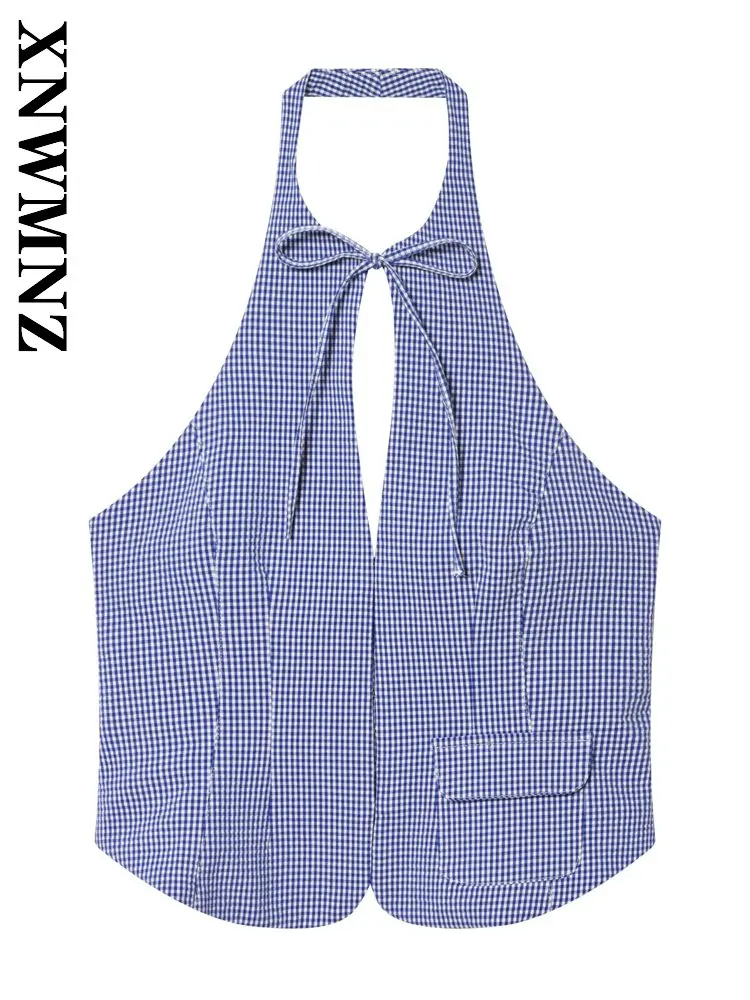 

XNWMNZ 2026 Summer Woman Versatile Chic Sleeveless Halter Print Short Vest Commuting Fashion Woman's Vintage Slim Slip Top Tie