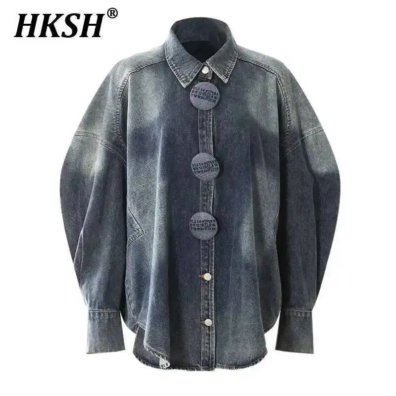 

HKSH 2025 Spring Women Tide Niche Design Large Button Washed Denim Jacket Silhouette Micro Drop Shoulders Tide Shirt Tops HK3583