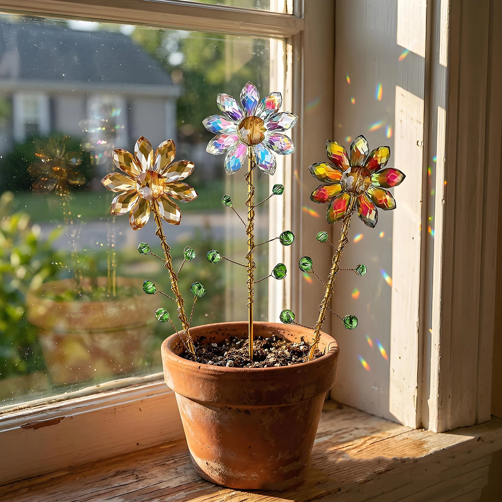 3Pcs Sunflower Crystal suncatcher Indoor Window Pots Decor, Sun catchers with 13