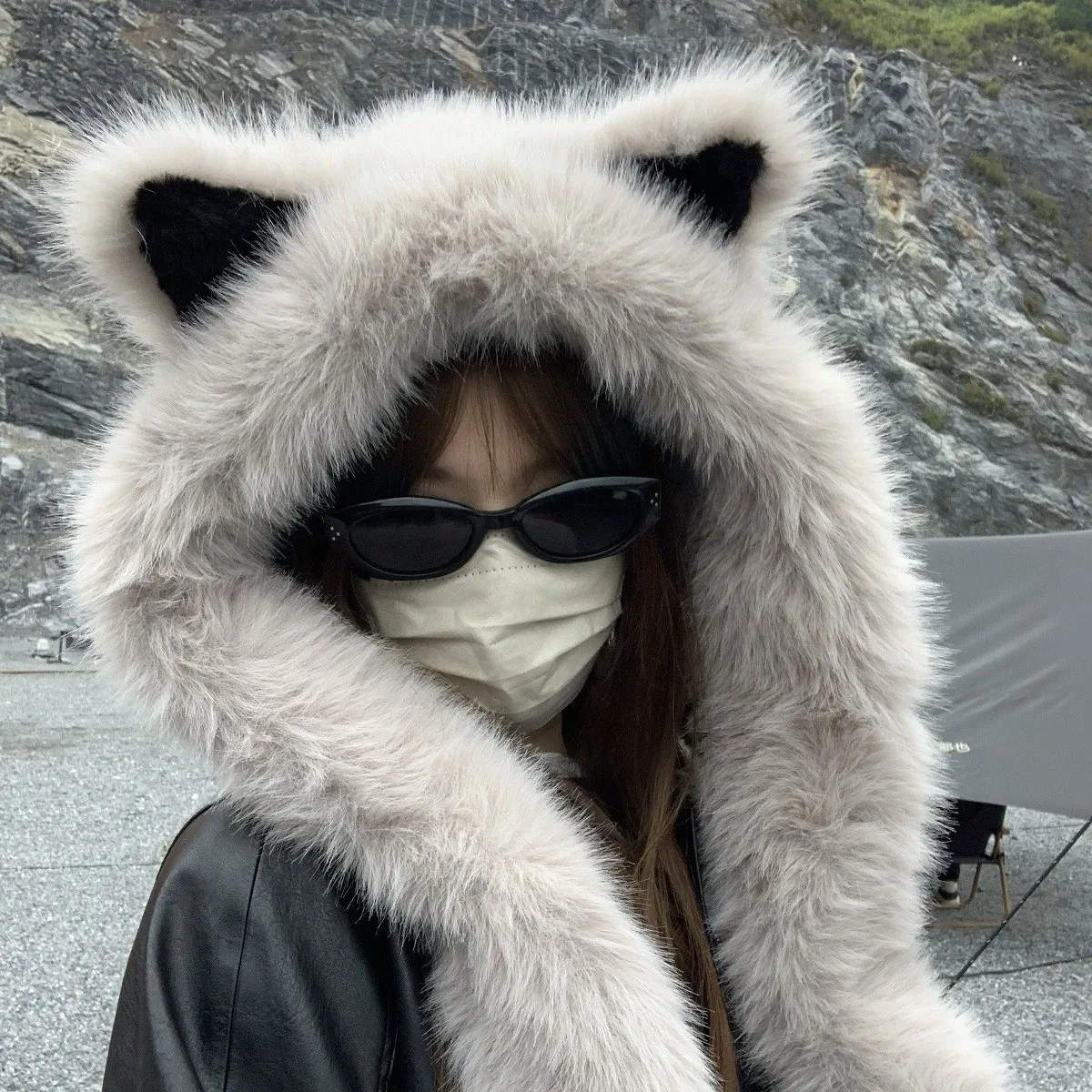 Fox Ear Hat Beanie Plush Winter Anti-cold Balaclava Hat Integrated Ear Protection Plush Scarf Windproof Hooded Neck Warmer Scarf