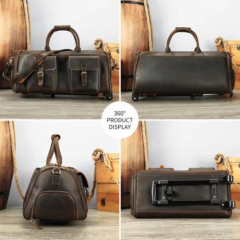 Leather Folding Clothing Duffel Bag Men's Leather Suitcase Travel Bag with Shoe Compartment Travel Bag