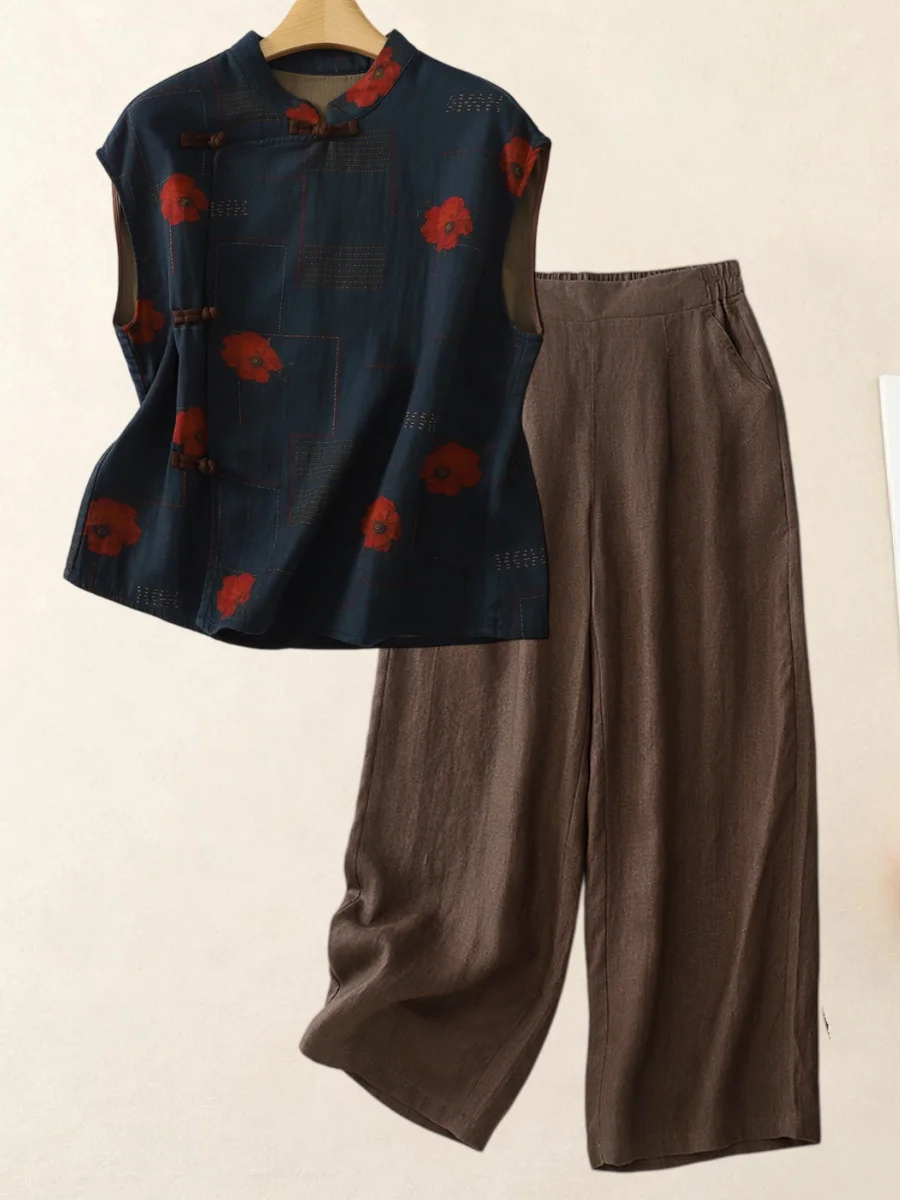 Retro Chinese Style Loose Cotton Linen Shirt with High Waist Wide Leg Pants Two Piece Set for Middle Aged And Elderly Women