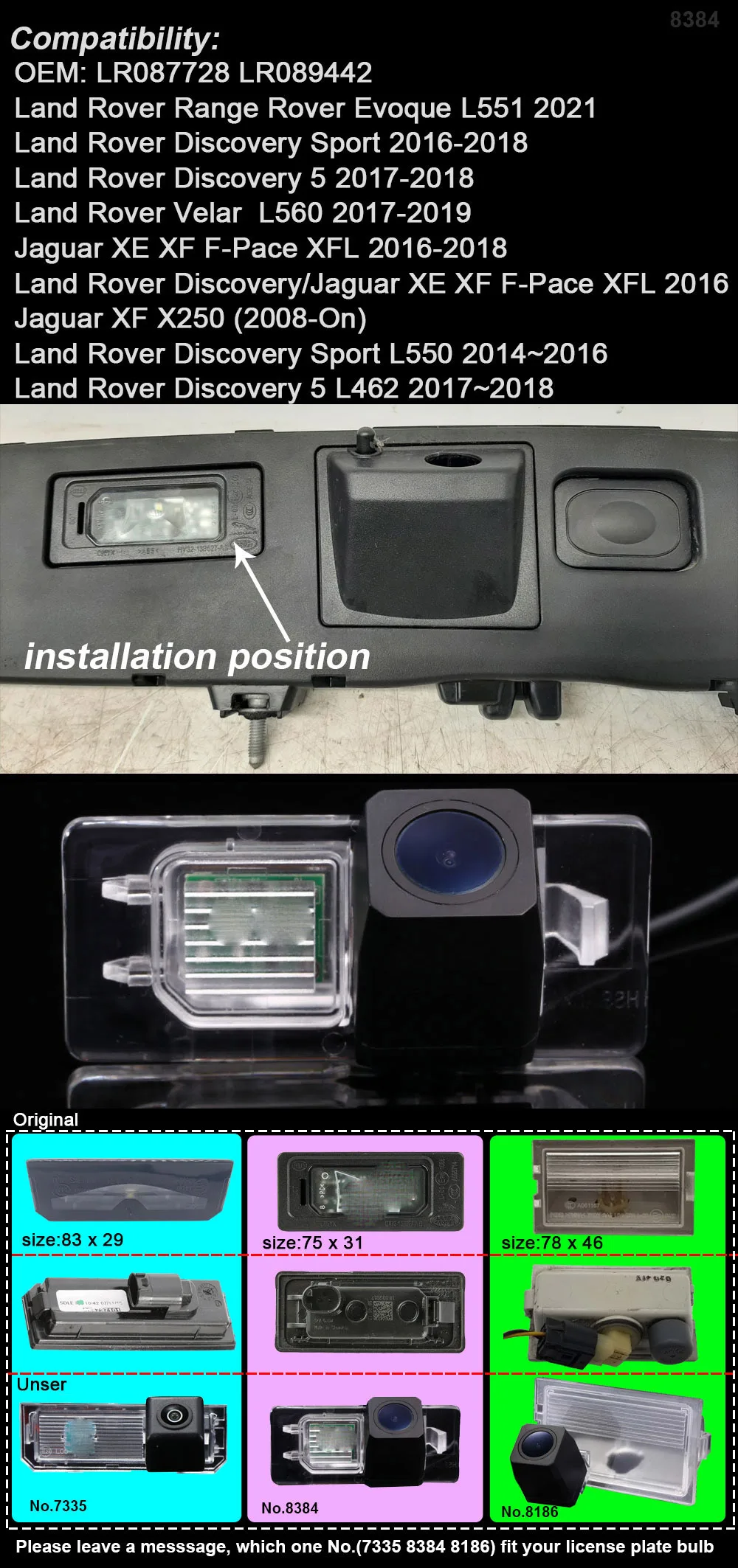 HD Car rear  view camera for Land Rover Range Velar Discovery Sport L550/Land Rover Discovery/Jaguar XE XF F-Pace XFL X250