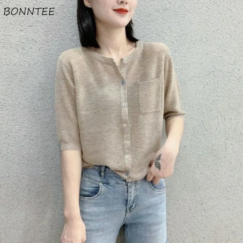 Cardigan Women Solid Thin Summer Short Sleeve All-match Ulzzang Fashion Chic Casual Elegant Female Daily Retro New Simple O-neck