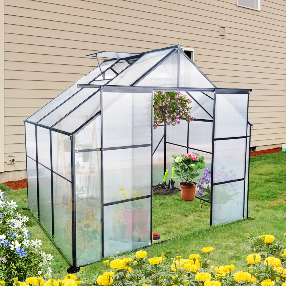 8X6FT-Black Double Door Polycarbonate Greenhouse Raised Base and Anchor Aluminum Heavy Duty Walk-in Greenhouses for Outdoor