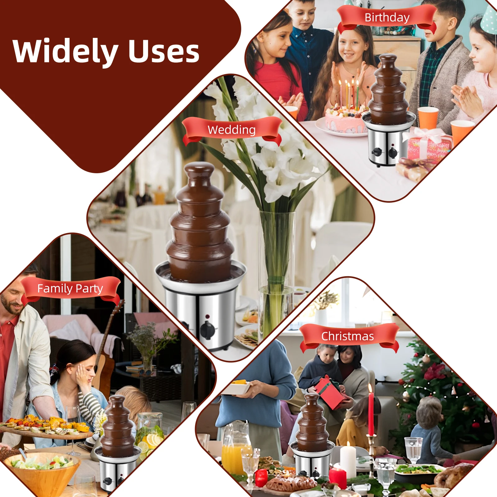 3 Tier Electric Chocolate Fountain Machine with Tray Automatic Temperature Control Food Grade Non Stick Stainless Steel White