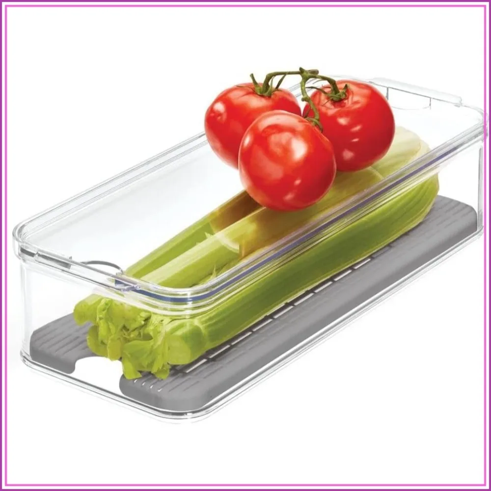 Crisp Produce Plastic Refrigerator Bin with Lid and Removable Basket, BPA Free, 15.72