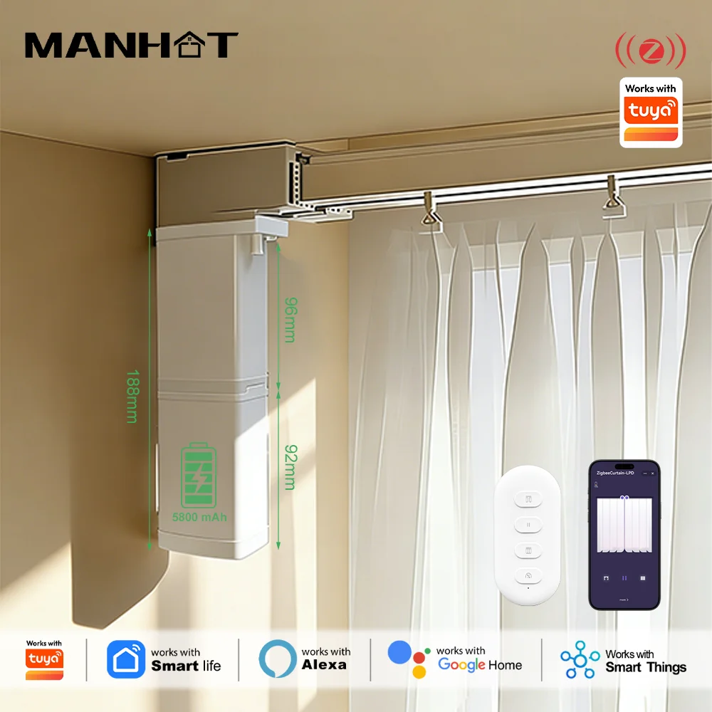 MANHOT Smart Life Curtain Motor 5800mAh Battery Removable Battery Remote/APP/Voice Control Works with Tuya Alexa Google Home