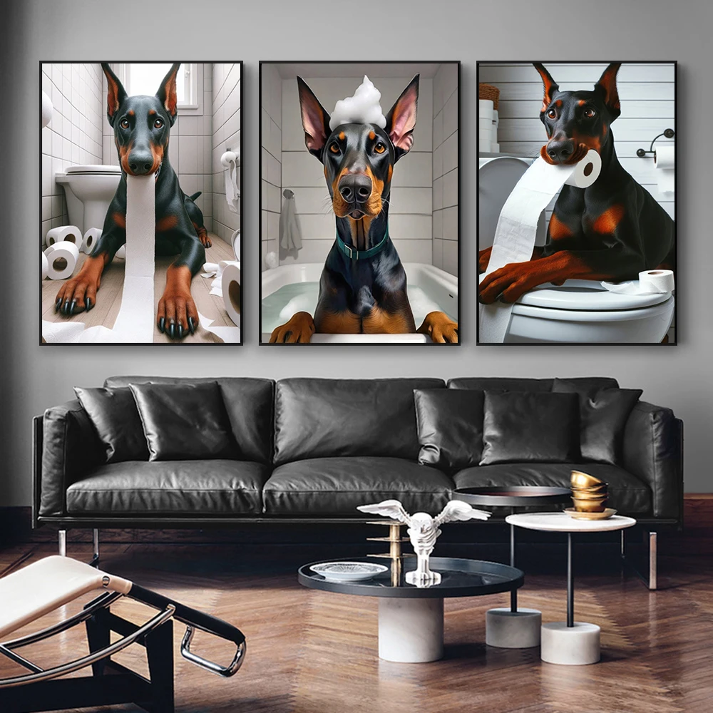 Doberman Funny Dog Toilet Art Poster Fashion Doberman Pinscher Bathroom Wall Art Prints Modern Humor Toilet Canvas Painting