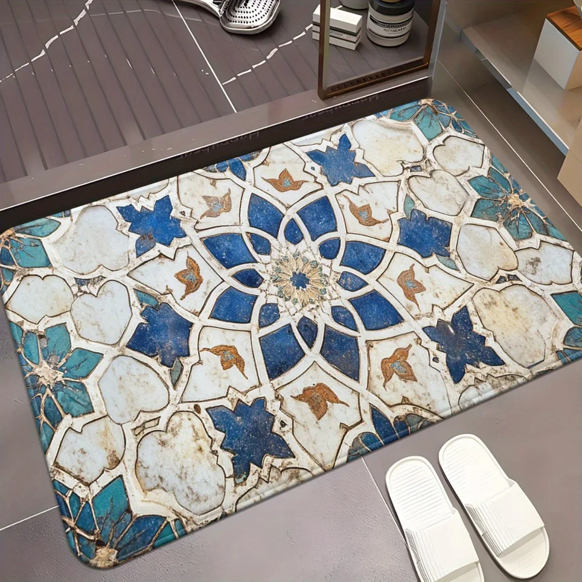 1pc Blue White Islamic Pattern Door Mat Traditional Moroccan Design Entrance Rug For Mosque Home Decor Religious Floor Mat