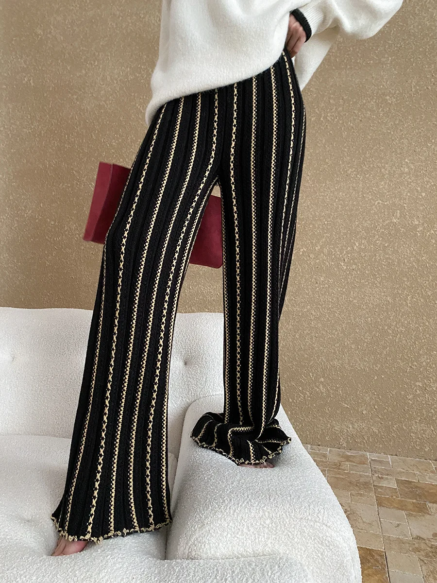 Spring and Autumn Women's Casual Striped High Waist Loose Wide Leg Pants