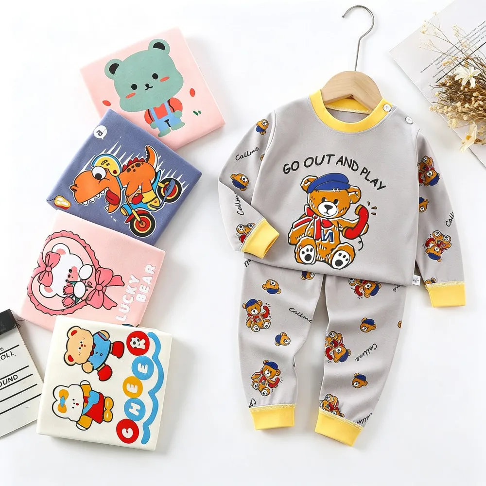 Bear Cartoon Pajamas Sets for Boys Clothing Kids Pijamas Girls Toddler Baby 0 to 1 3 5 7 Years Yellow Blue Dinosaur Cars Pyjamas