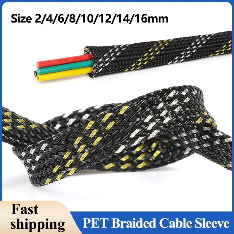 

Black Gold Silver PET Braided Cable Sleeve 2/4/6/8/10/12/14/16mm Expandable High Density Insulated Line Protection Wrap Sheath