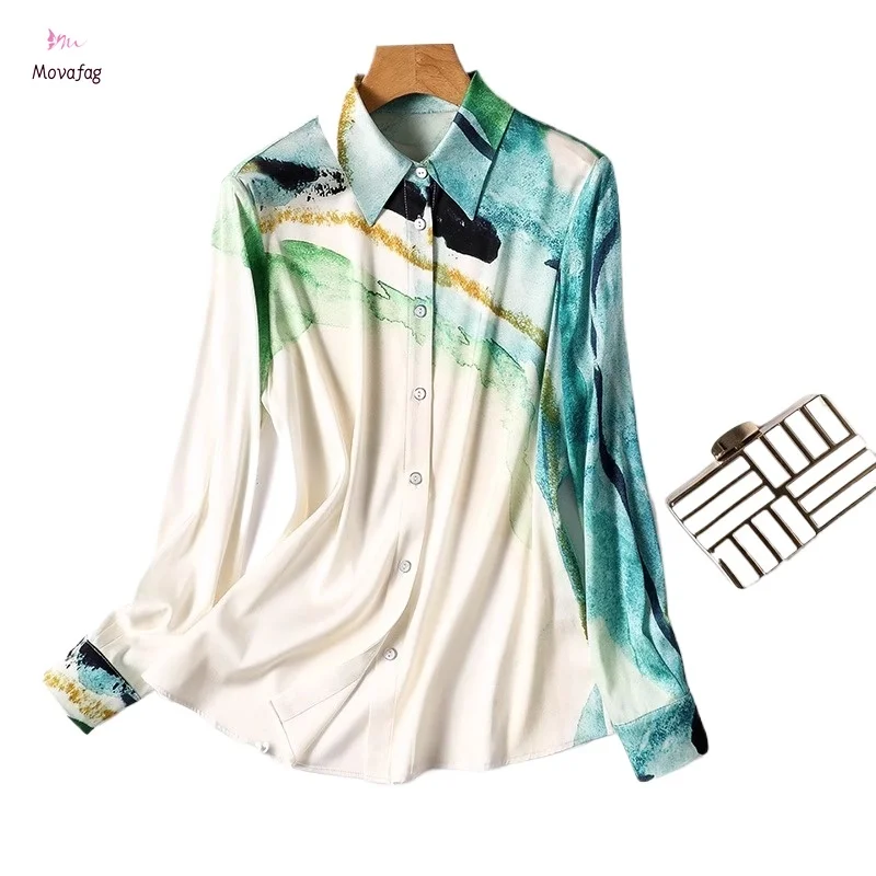 Satin Long Sleeve Women\'s Shirt with Buttons and Printed Surface Summer New Casual Japanese Fashion Blouse Ink Painting Top