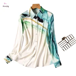 Satin Long Sleeve Women's Shirt with Buttons and Printed Surface Summer New Casual Japanese Fashion Blouse Ink Painting Top