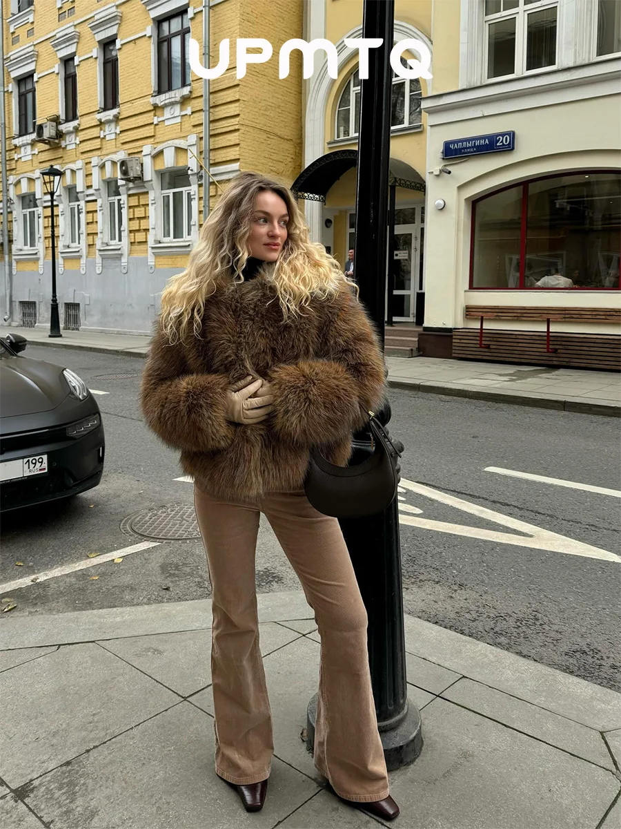 Slay Girl Stylish Winter Faux Fox Fur Jacket Brown Gradient Premium Faux Fur Coat Winter Outfit Inspiration with Vintage Fur