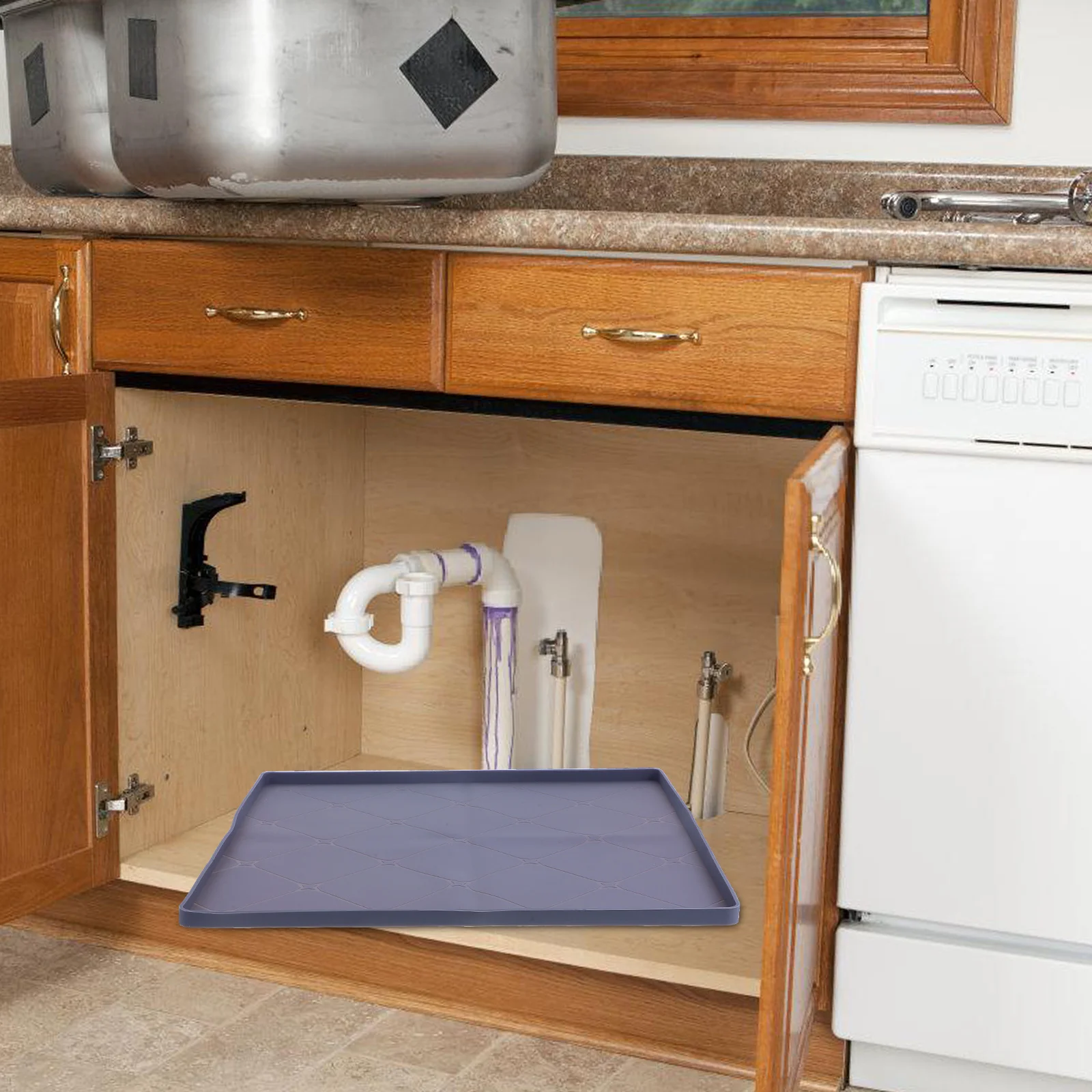 

Under Sink Mat Cabinet Liner Kitchen Waterproof Protector Drain Silicone Storage Tray Faucet Cover Basin Organizer Dark