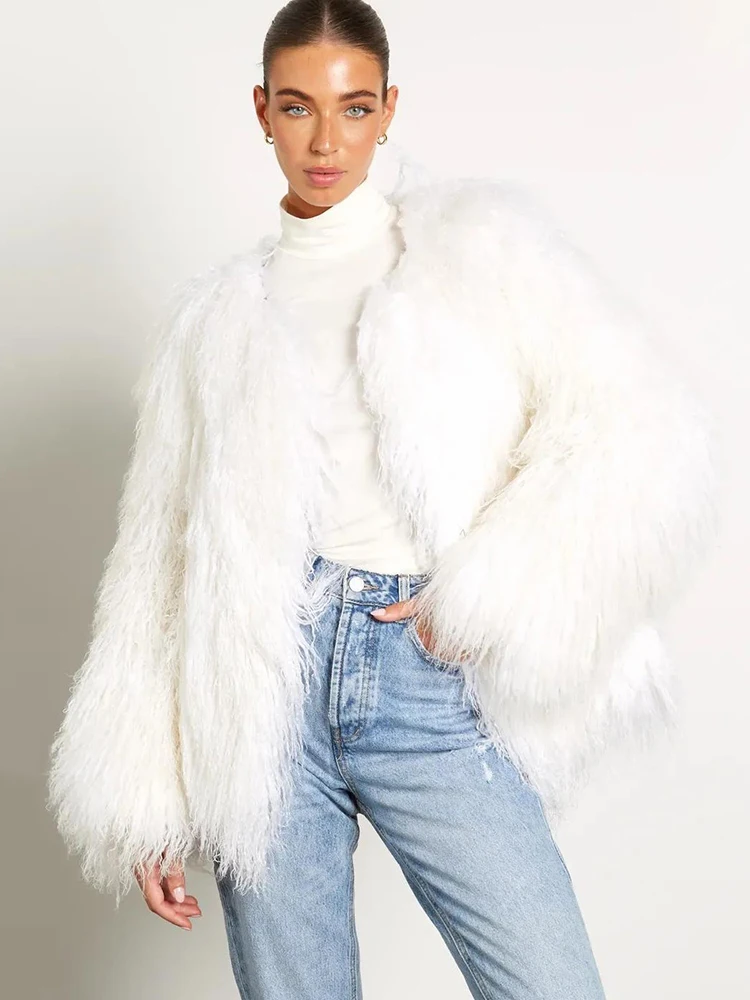 DEAT Fashion Faux Fur Coat Women's Round Neck Long Sleeve Gray Loose Thick Imitation Lamb Fur Jacket Winter 2024 New 7AB6509