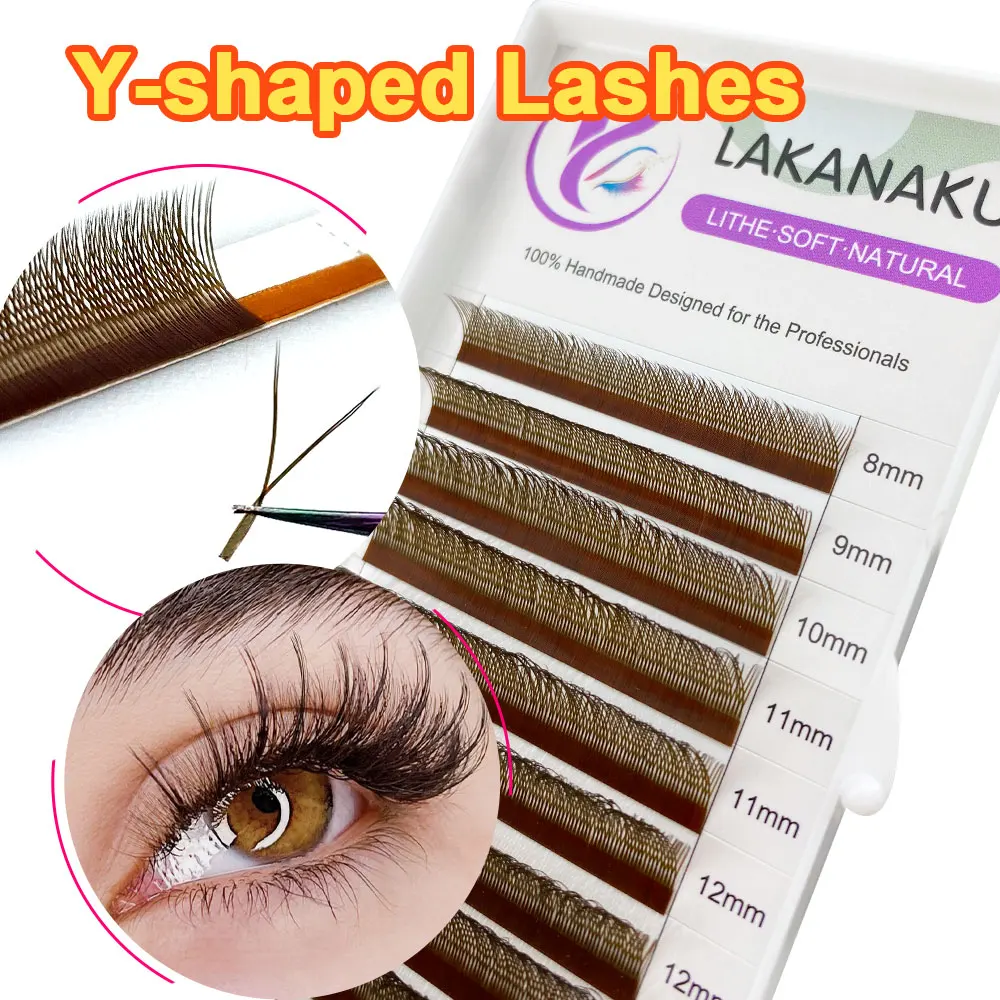 LAKANAKU Brown YY Shape Lashes 2D 0.05 0.07 Faux Mink C/D Natural Soft Brazilian Eyelash Premade Volume Fan Lashes Extension