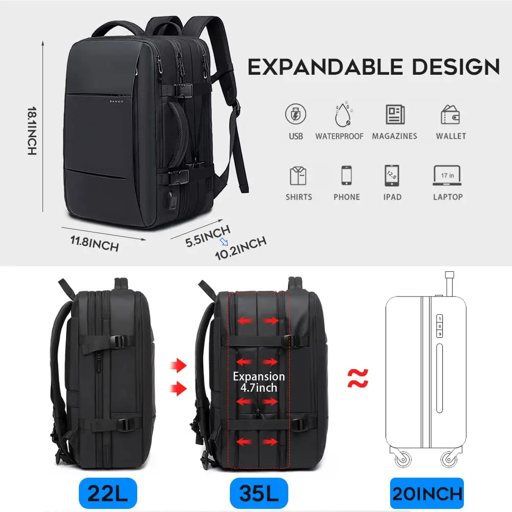 BANGE Expandable Carry-On Backpack for Airplanes, Waterproof 17.3 in Laptop Backpacks for Men Travel Business with USB Charging