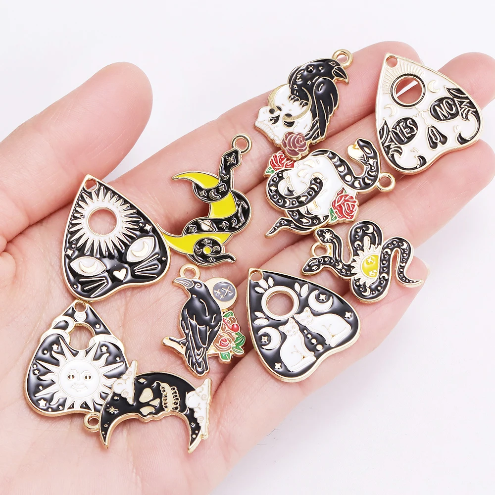 10Pcs Enamel Flower Crow Sun Moon Skull Snake Charms for Jewelry Making Earring Pendant Necklace Accessories Diy Craft Supplies