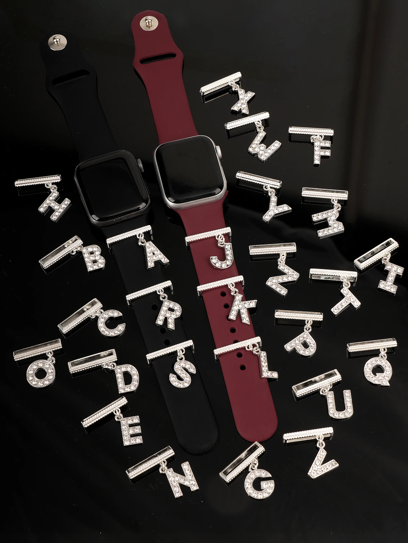 

1pc Sparkling Silvery Rhinestones 26 Alphabet Watch Band Charm Decoration Ring，For Apple Watch Band Letter Accessories
