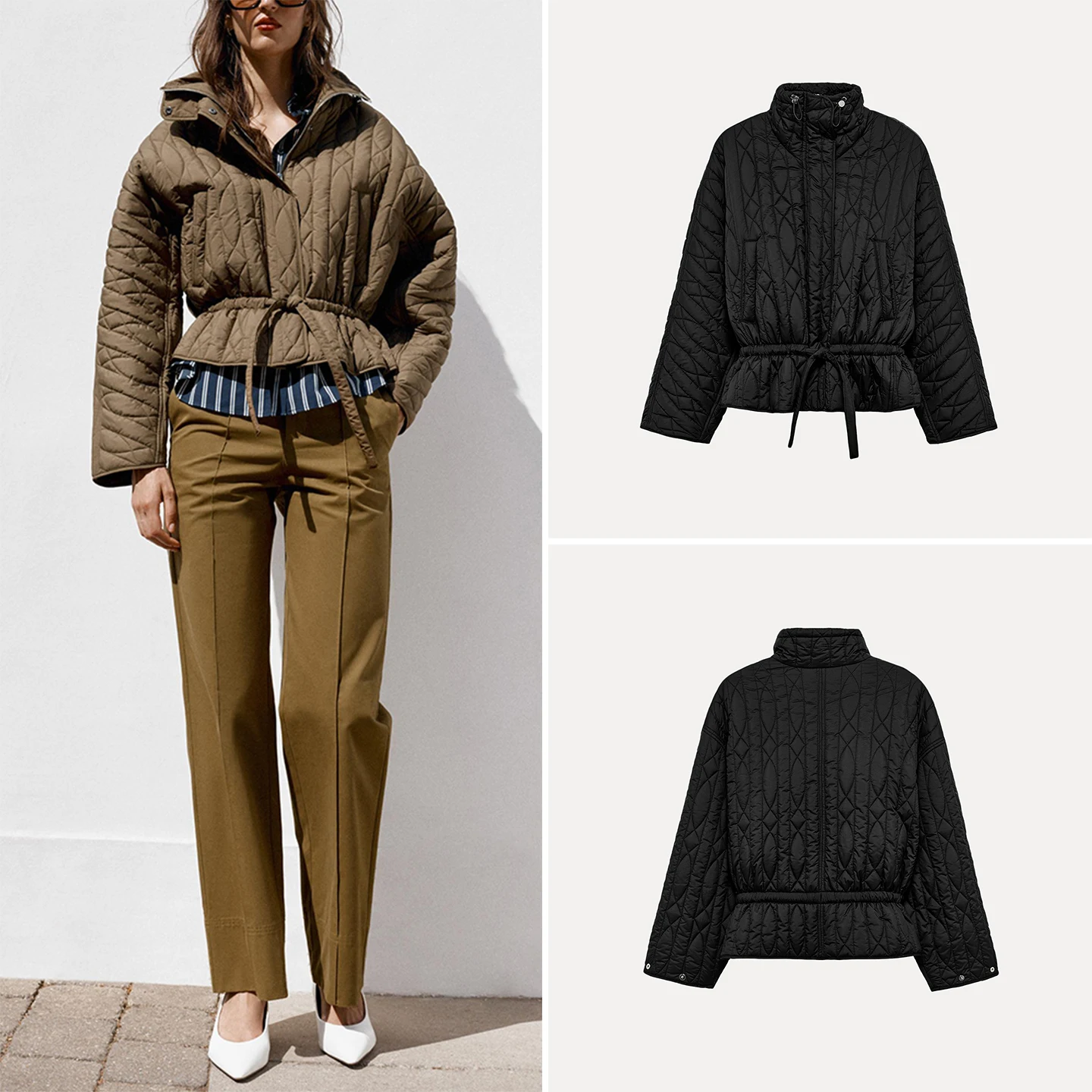 Fashionable Long Sleeve Stand Collar Jacket Women's Autumn Wear ZADATA Casual Style Drawstring Button up Coat Loose Fit