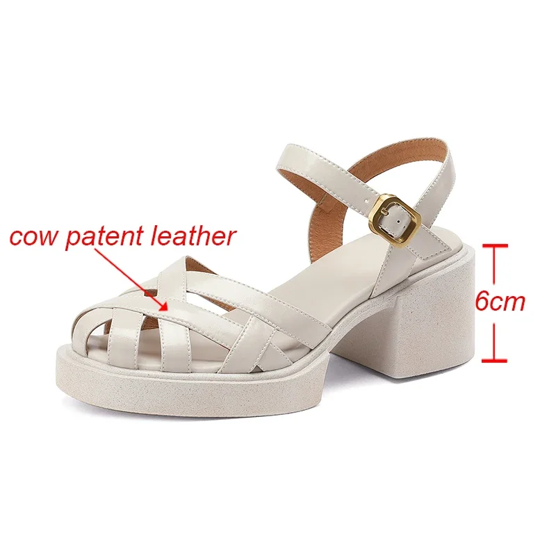 2024 Summer New Women Shoes High Heel Roman Sandals Cow Patent Leather Daily Buckle Strap Lady Casual Footwear Brown Size 40