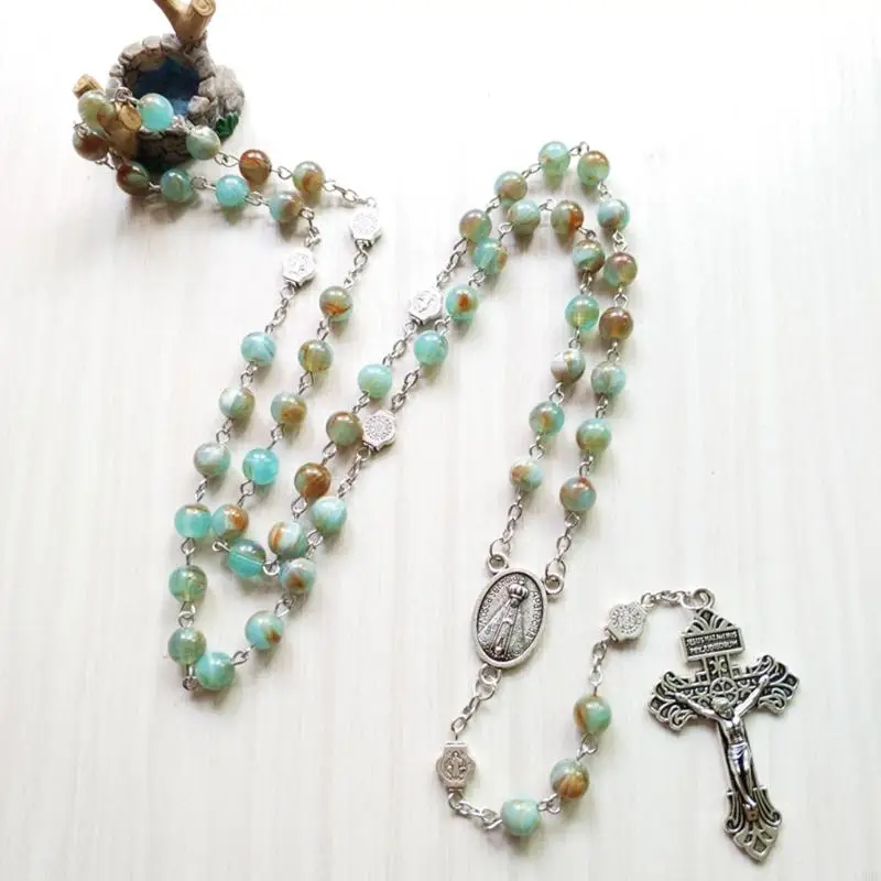 U90E Rosary Beads Necklace 6mm with Jesus Christ Crucifix for Cross Catholic Pendant Party Gift