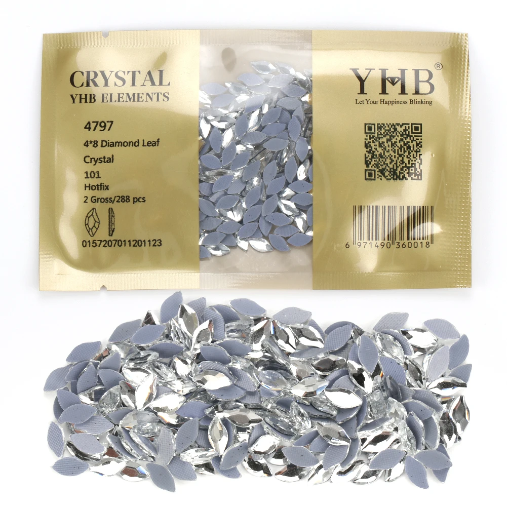 YHB Glitter Crystal Strass Flatback Hotfix diamante a forma di foglia Strass per scarpe borse telefoni tessuto indumento Nail art