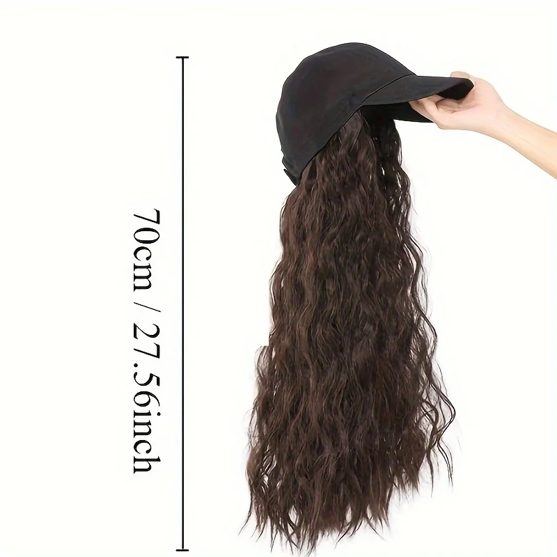 Wig Dark Brown Baseball Cap with Synthetic Natural Wavy Hai Attached Women Adjustable Hats Long Wavy