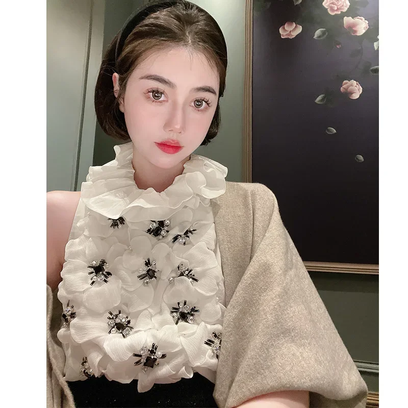 Sweet Three-Dimensional Flower Rhinestone Ruffled White Blouse Women Kawaii Chic Beaded Sleeveless Bottoming Shirt Short Tops