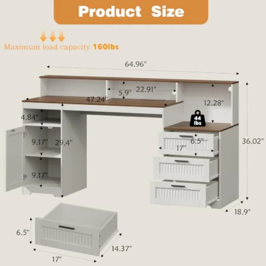 Computer Desk with Drawers and Printer Stand, RGB LED Lights