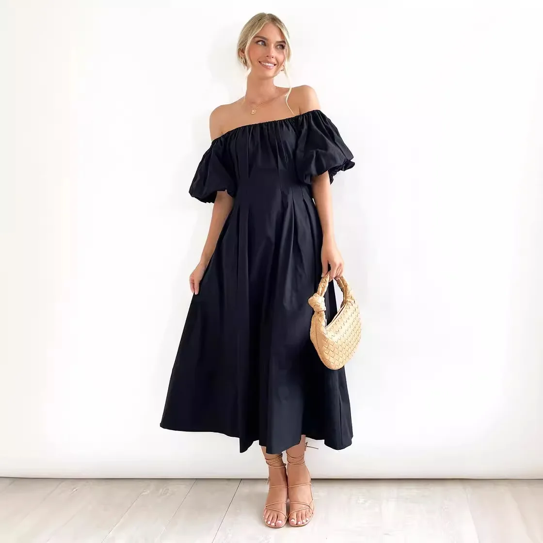 Women's One line Neck Dress with Bubble Sleeves, High Waist Dopamine Wearing, Large Swing Skirt, Women's Clothing2024