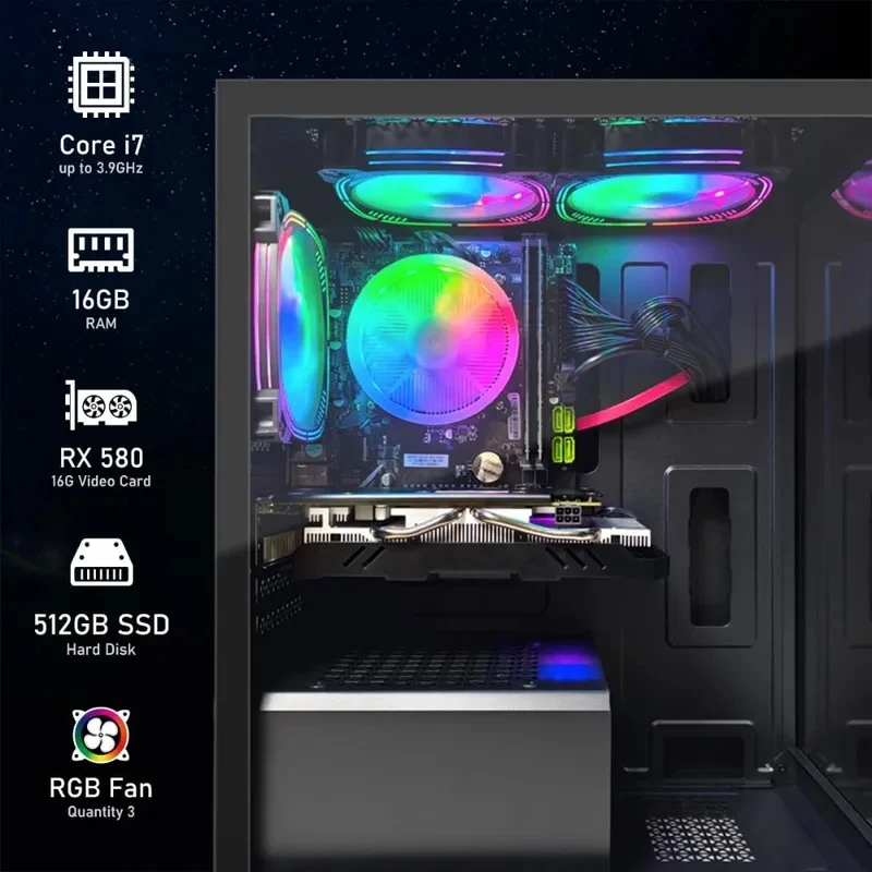 Gaming PC Desktop, Radeon RX 580 16G GDDR5, Core i7 up to 3.9G, 16G RAM, 512G SSD, 600M WiFi