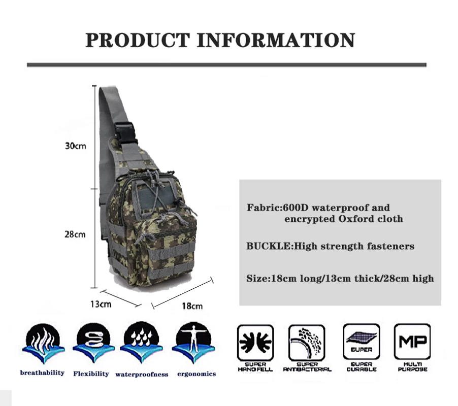 Bolso de hombro táctico para caza al aire libre, bolsa Molle de nailon con correa para el pecho para senderismo, caza al aire libre, Camping y pesca