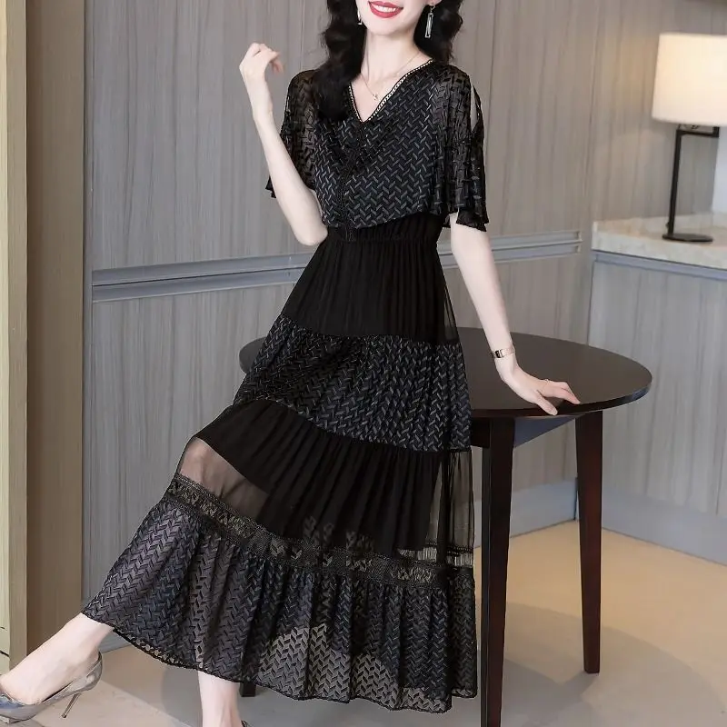 Summer New Stylish Off Shoulder Midi Dress Elegant V-Neck Female Clothing Hollow Out Lace Patchwork Commute A-Line Waist Dresses