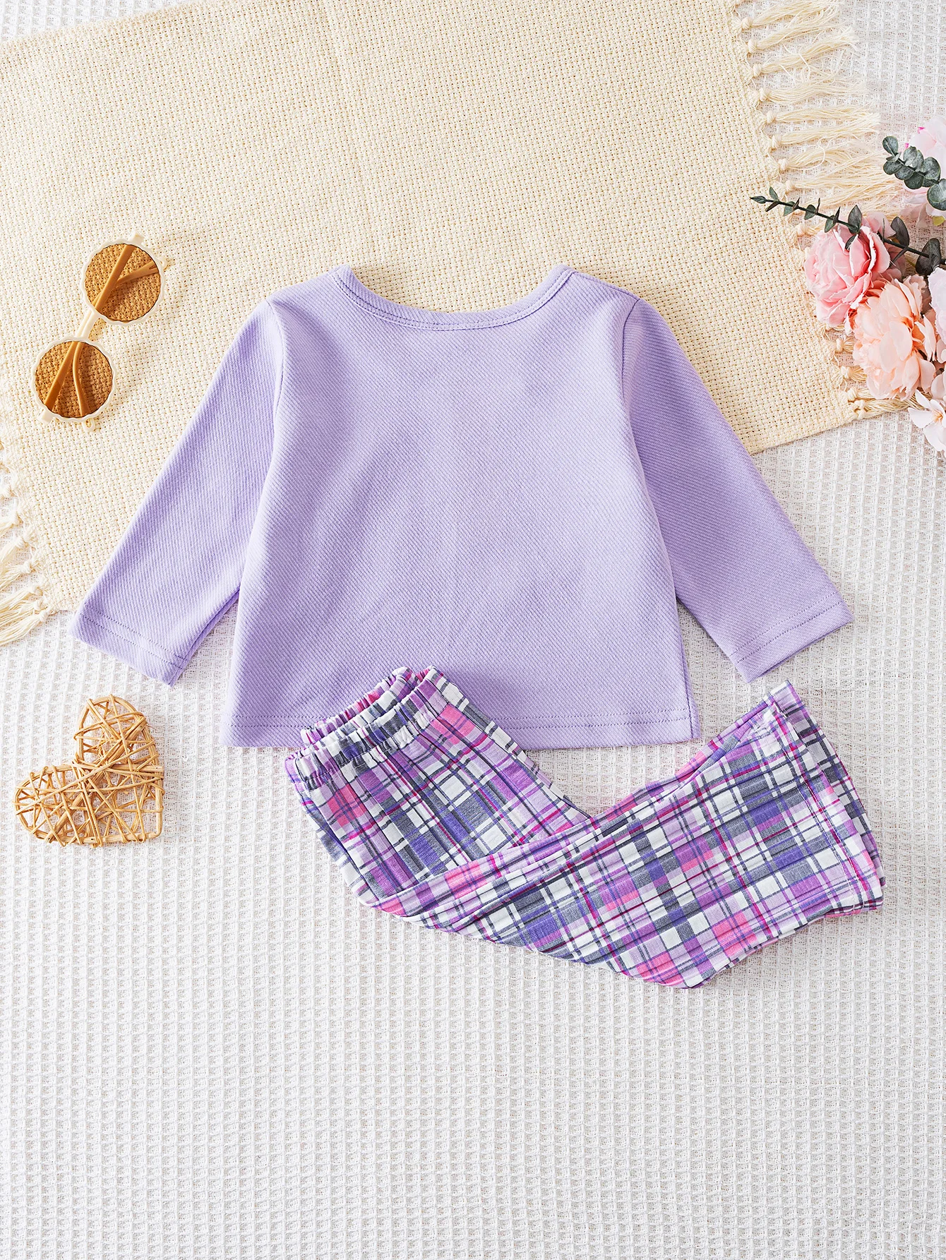 Baby Girl Spring and Autumn Outfit, Cute Unicorn Embroidery Purple Long-Sleeve + Plaid Pants Two-Piece Set, Sweet Soft Cotton Outerwear for Infants and Toddlers