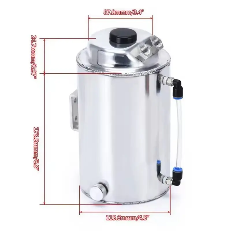 A85E-Aluminum Oil Catch Tank Set(2L) With Breather Filter, Polished Round Oil Separator Can 2 Port Car Engine Oil Drainage