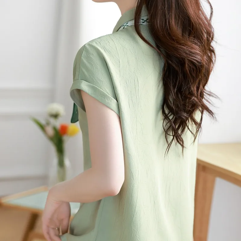 Women's 2024 Summer New Combination Turndown Collar Button Fashion Solid Color Elegant Temperament Casual Short Sleeved Shirt