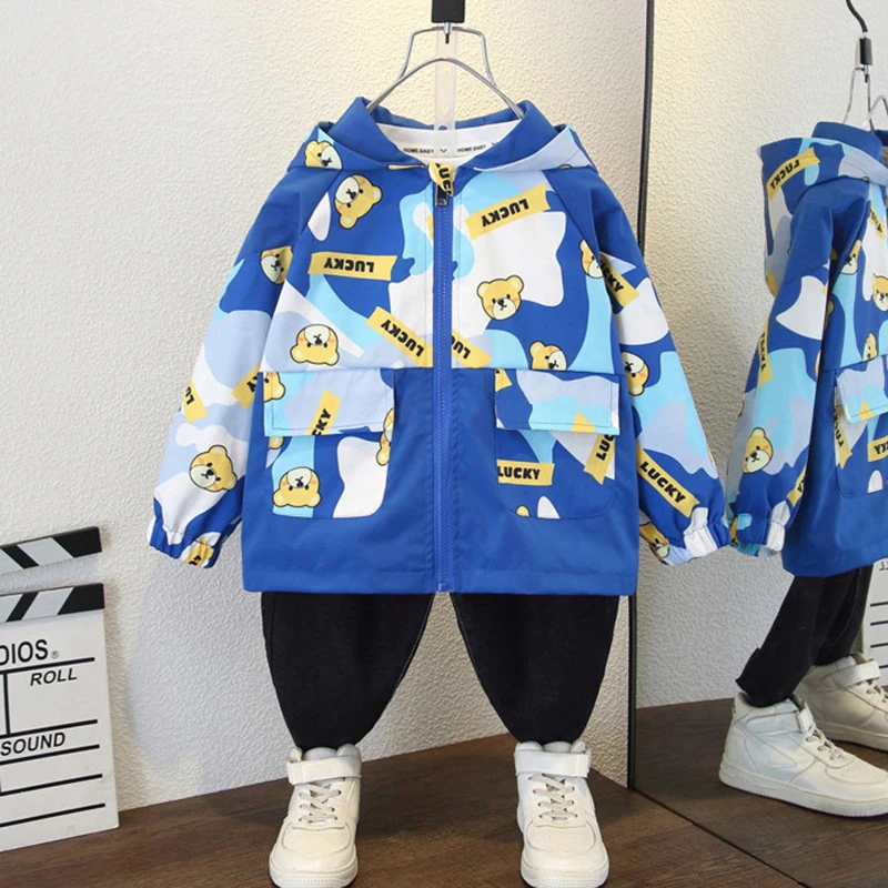 2-12 Years Spring Boys Jacket Lucky Bear Fashion Print Windbreaker Hooded Zipper Autumn Boys Coat Birthday Gift New Kids Clothes