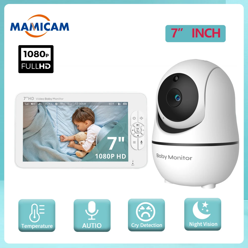 7 Video Baby Monitor 1080P HD Display IPS 24 Hour Battery Split Screen Screen with 4x zoom Electronic Babysitter Zoom/Pan/Tilt