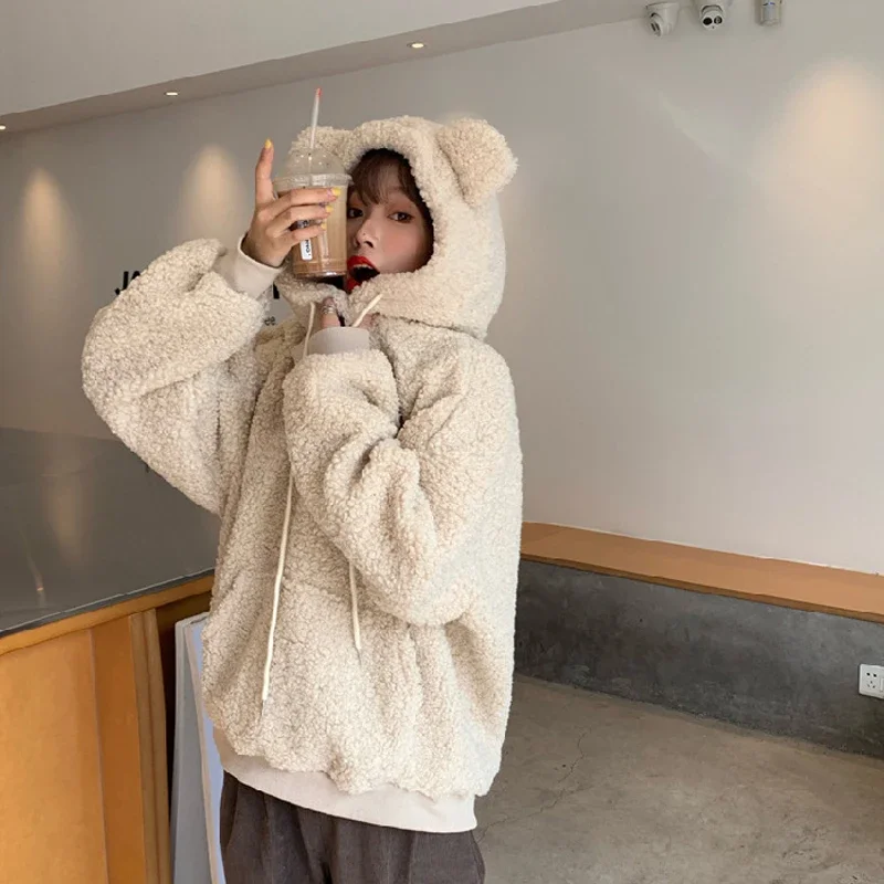 Winter Warm Wool Bear Ear Hooded Sweatshirt Women Korean Style Students Plus Size Hooded Pullover 2024 Oversized Hoodies Tops