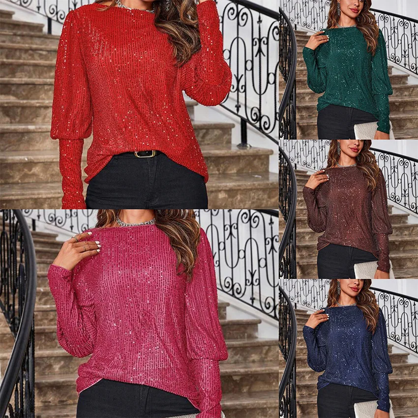 

Женская новая свободная футболка в пригородном стиле с длинными рукавами и блестками, женская футболка с круглым вырезом