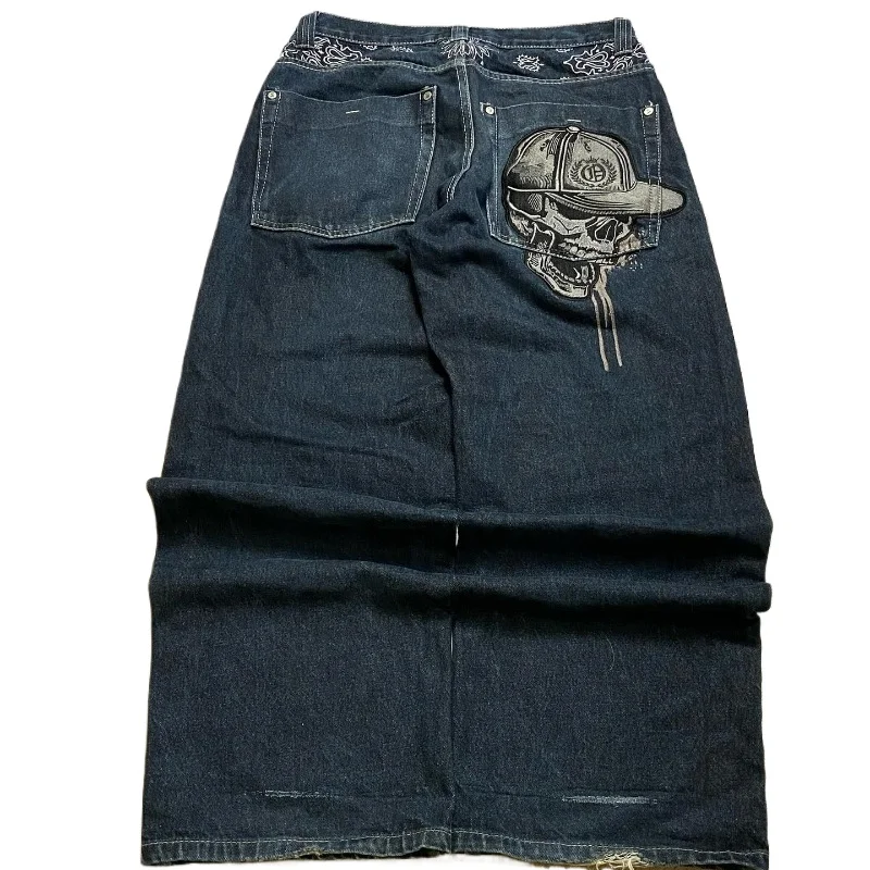 Pantalones vaqueros holgados informales con bordado de calavera para hombres y mujeres, ropa de calle Harajuku Vintage, pantalones góticos de cintura alta, pantalones de pierna ancha, Y2K, nuevo