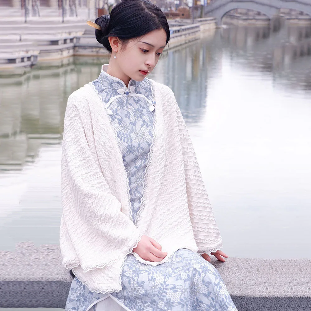 2023 New Spring Sweet And Elegant Cape Cardigan Women Cheongsam Chinese Style Qipao Poncho Vintage Literary Knitted Twist Shawl